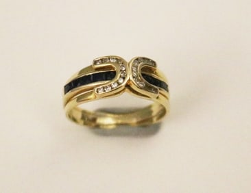 14K (585) BRIGHT-POLISHED YELLOW GOLD, SAPPHIRE AND DIAMOND BAND.