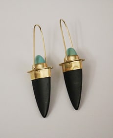 PAIR OF 14K YELLOW GOLD, BLACK ONYX AND TURQUOISE CONTEMPORARY WIRE-BACK DANGLE EARRINGS, Signed