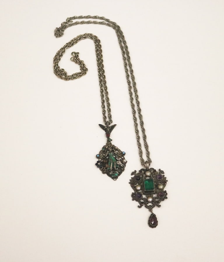 TWO 19TH CENTURY CONTINENTAL SILVER AND GEMSTONE OPEN-WORK PENDANTS, (1 of 2)