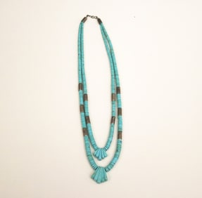 AMERICAN INDIAN SILVER-MOUNTED TURQUOISE DOUBLE-STRAND PENDANT NECKLACE,