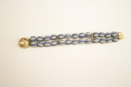 DOUBLE-STRAND WEDGEWOOD JASPERWARE BEAD BRACELET WITH 14K TEXTURED YELLOW GOLD CIRCULAR DOME CLASP,