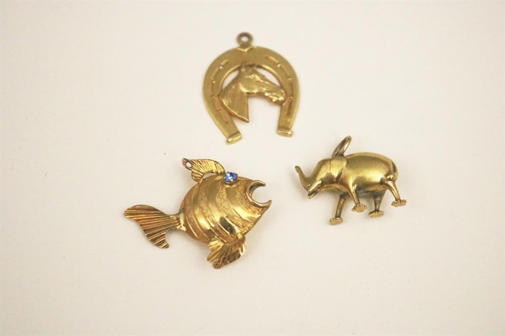 THREE YELLOW GOLD ANIMAL/FISH PENDANTS/CHARMS, (1 of 1)
