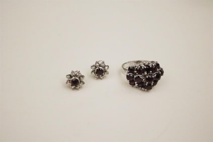18K WHITE GOLD, RUBY, AND DIAMOND RING WITH PAIR COORDINATING RUBY AND DIAMOND STUD EARRINGS.