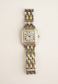 LADY'S CARTIER PANTHERE STAINLESS STEEL AND YELLOW GOLD TWO-ROW WRISTWATCH,