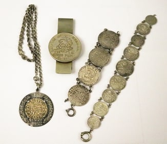 FOUR ASSORTED ITEMS SILVER FOREIGN COIN JEWELRY.