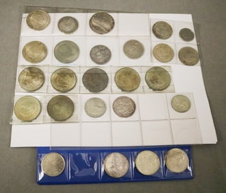 26 EUROPEAN SILVER AND OTHER COINS, AND A REPRODUCTION SPANISH MILLED DOLLAR.
