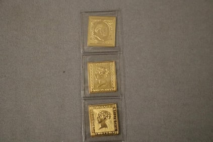 THREE GOLD COMMEMORATIVE POSTAL STAMPS,