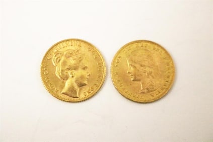 TWO DUTCH TEN-GUILDERS GOLD COINS, 1897 AND 1898,