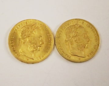 TWO AUSTRIAN 1892 20 FF IMPERIUM GOLD COINS,