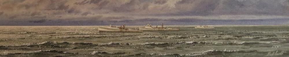 NED EWELL (American, Contemp.; act. Cockeysville, MD). Three Small Fishing Boats on Chesapeake Bay, (1 of 5)