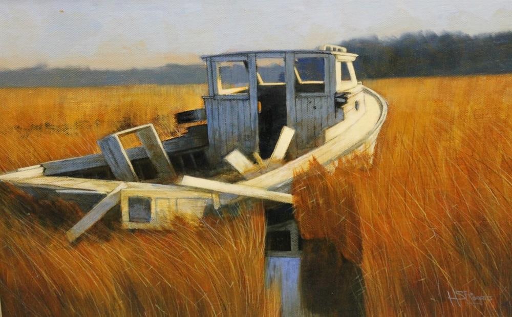STEVE [H.S.] ROGERS. (American, Contemporary; act. Lewes, DE). Vintage Fishing Boat Docked in Marsh, (1 of 9)