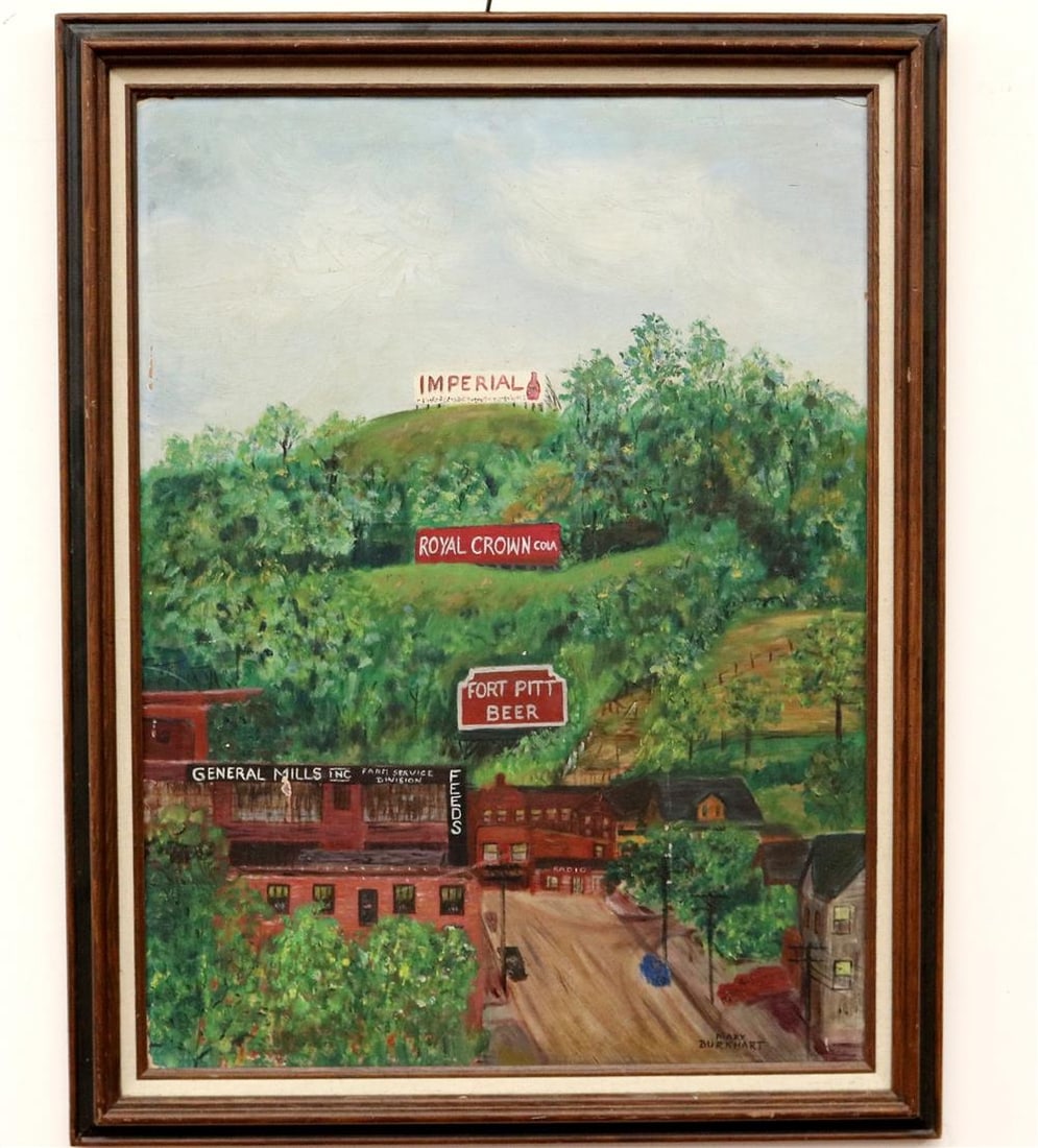 MARY BURKHART (American, 20th century). Upper Main Street (Johnstown, PA), 1946, Oil on canvas.: MARY BURKHART (American, 20th century). Upper Main Street (Johnstown, PA), 1946, Oil on canvas. Signed lower right hand corner. Verso titled and dated. Framed. - 24 x 28 inches; frame: 27.5 x 21.5 inc