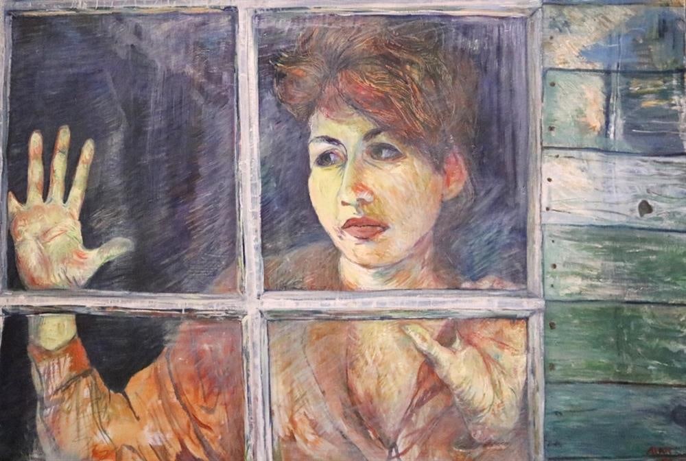 AMERICAN SCHOOL (20th century). Woman looking out a window, Oil on canvas. Signed "Alan Bird" lower: AMERICAN SCHOOL (20th century). Woman looking out a window, Oil on canvas. Signed "Alan Bird" lower right hand corner. Unframed but stretched. - 24 x 26 inches