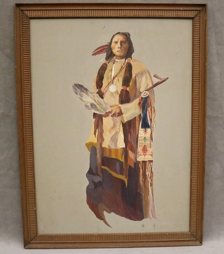 AMERICAN SCHOOL (20th century). Portrait of a Chief, Oil on board. Unsigned. Framed. (1 of 13)