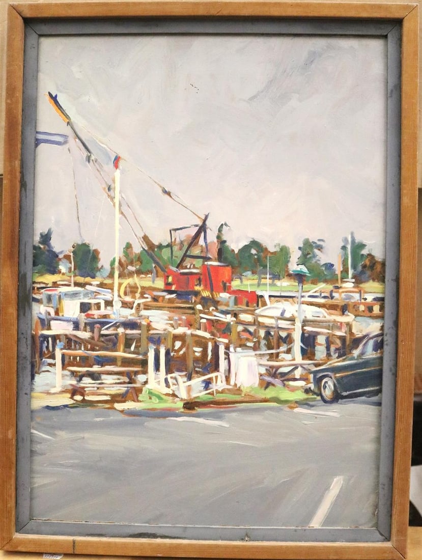 MICHAEL FRANCIS (American, 1948 - 2023). Old Town Harbor, circa 1972, Oil or acrylic on masonite.: MICHAEL FRANCIS (American, 1948 - 2023). Old Town Harbor, circa 1972, Oil or acrylic on masonite. Verso signed. Framed. - 20 x 14 in; frame: 23 x 17 in