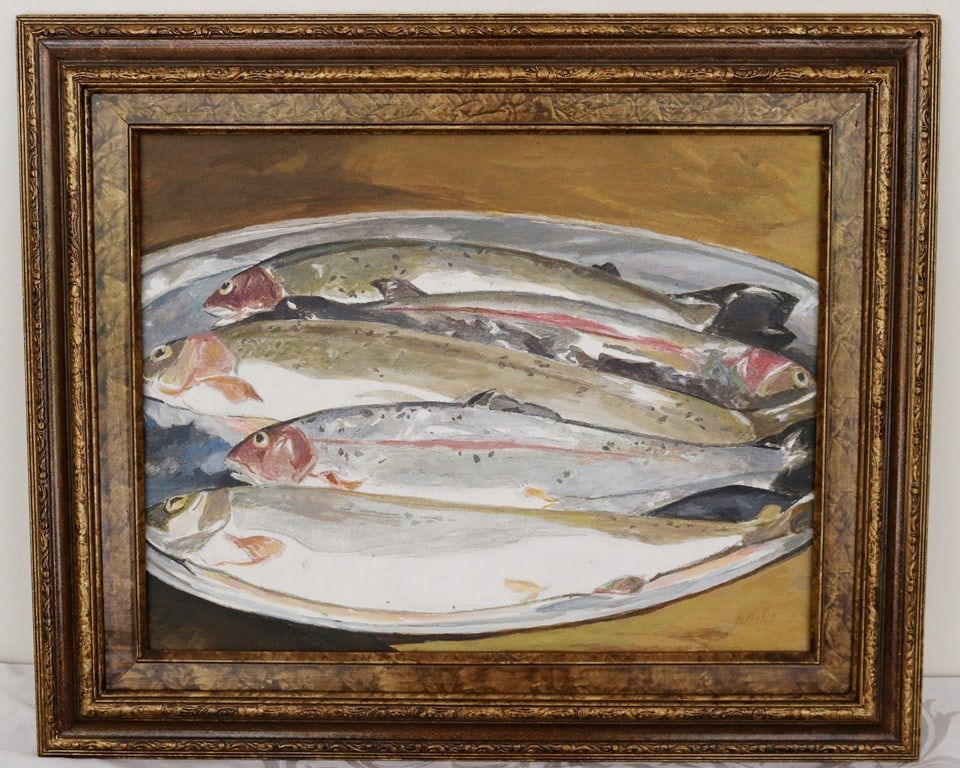 AMERICAN SCHOOL (20th century). STILL LIFE OF PLATTER OF FISH, Oil on canvas. Signed as "D. Keeler" (1 of 20)