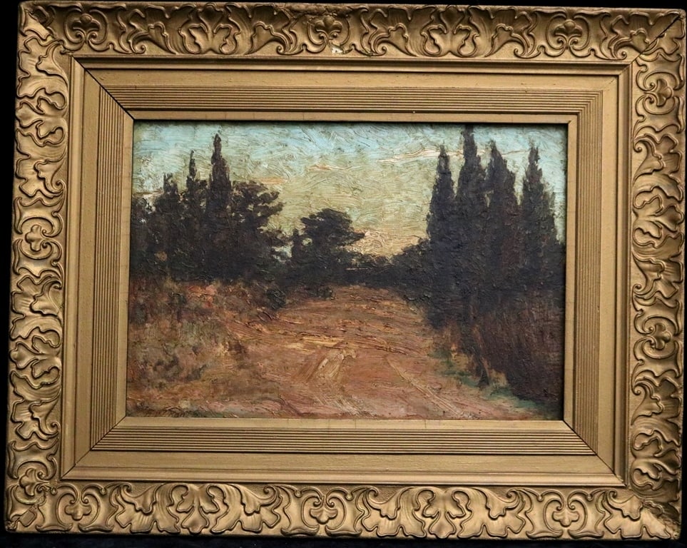 FREDERICK WILLIAM BOULTON (American, 1904-1969). THE ROAD THROUGH THE TREES, Oil on board. Signed: FREDERICK WILLIAM BOULTON (American, 1904-1969). THE ROAD THROUGH THE TREES, Oil on board. Signed lower left hand corner. Framed. - 10 x 14 inches; frame: 16 x 20.5 inches
