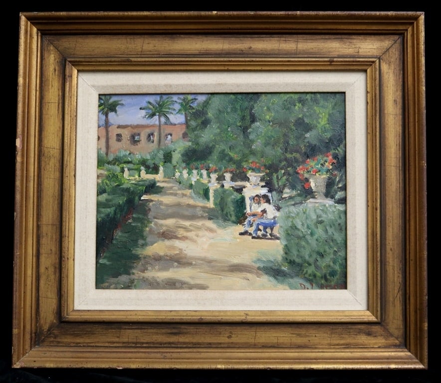 DEAN M. LARSON (American, born 1957). Gardens, Alcazar, Seville (Spain), 1988, Oil on board. Signed (1 of 17)