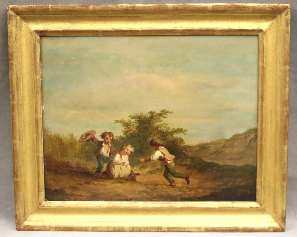 ENGLISH SCHOOL (19th century). The Young Players, Oil on board. Unsigned. Framed in a period frame. (1 of 20)