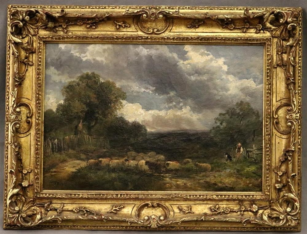 THEODORE ROUSSEAU (French, 1812-1867). The Young Shepherd, oil on canvas. Signed lower right.: THEODORE ROUSSEAU (French, 1812-1867). The Young Shepherd, oil on canvas. Signed lower right. Framed. - (approximate) 12 X 18 inches; Frame: 18 X 24 inches