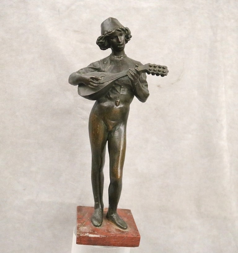 AFTER PAUL DUBOIS (French, 1829-1905). Standing Figure Playing a Lute. Patinated bronze sculpture (1 of 18)