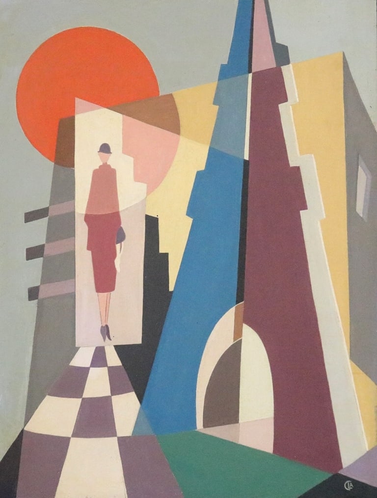 FRENCH SCHOOL (Late 20th century). Parisian Woman and Eiffel Tower, Oil on board featuring a woman: FRENCH SCHOOL (Late 20th century). Parisian Woman and Eiffel Tower, Oil on board featuring a woman in a red dress and hat walking through a doorway with a checkered floor, with a large red sun and geo