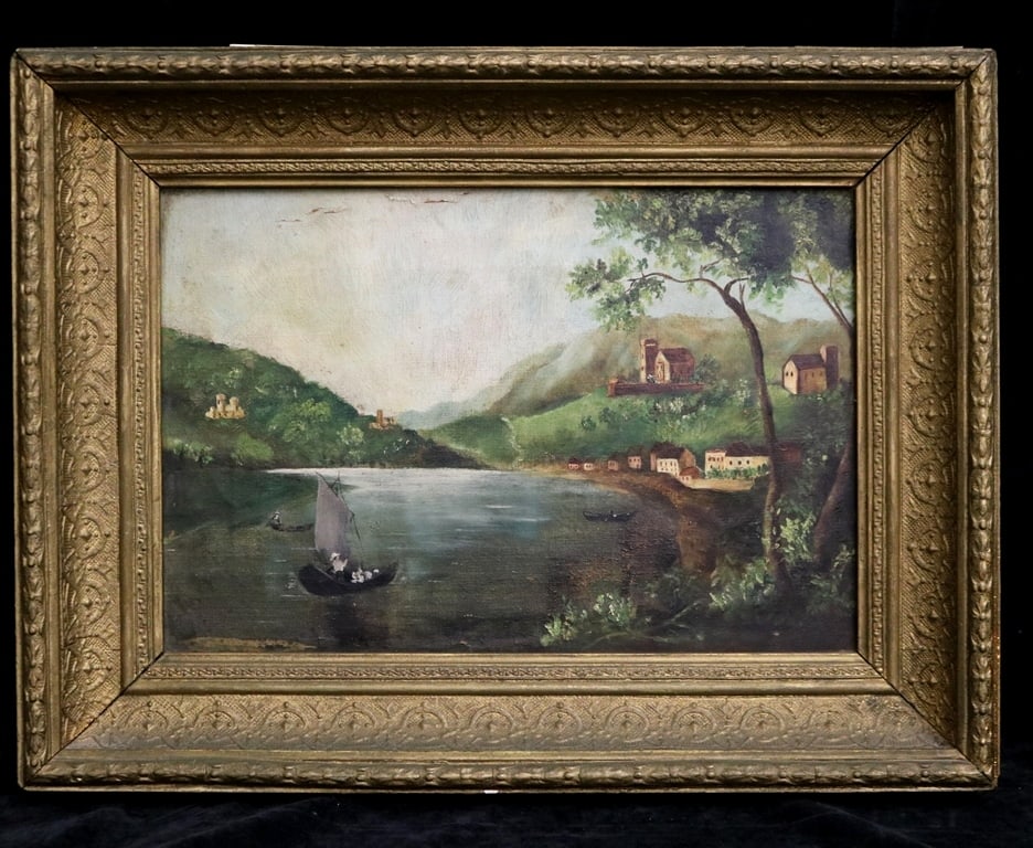CONTINENTAL SCHOOL (Early 20th century). Fishermen heading home, Oil on canvas. Unsigned. Framed.: CONTINENTAL SCHOOL (Early 20th century). Fishermen heading home, Oil on canvas. Unsigned. Framed. - 8 x 11 inches; frame: 12 x 15 inches