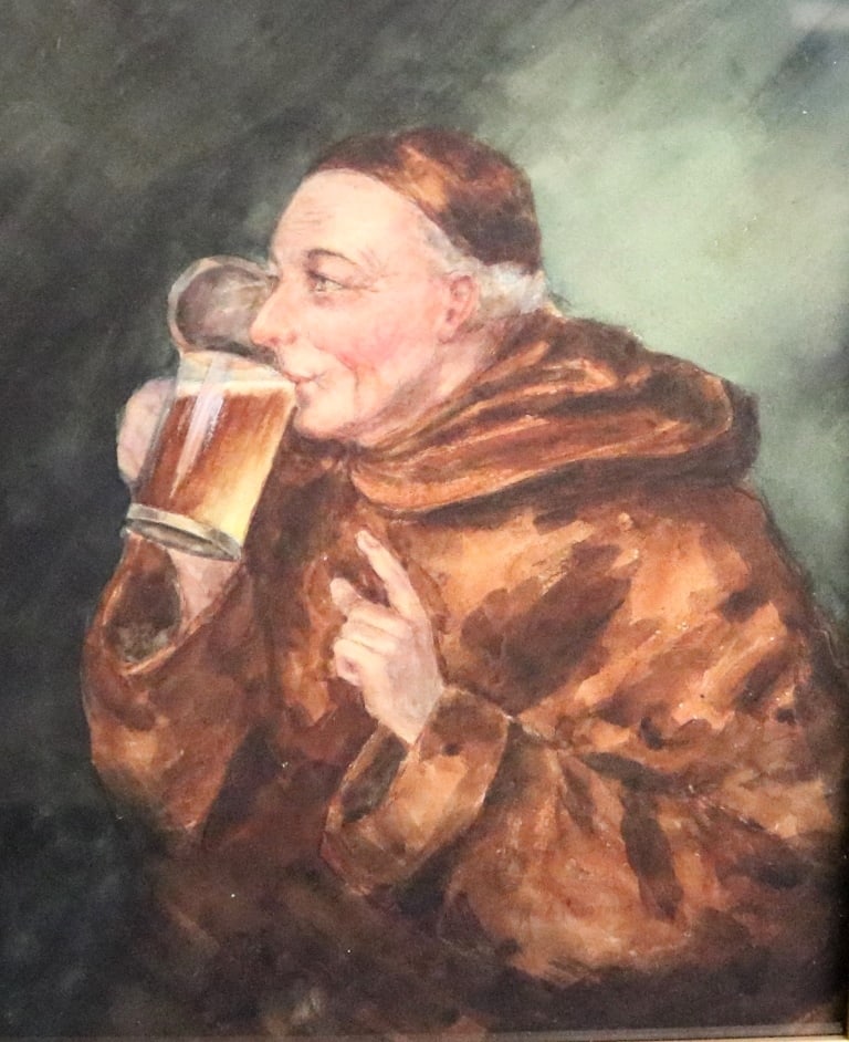 GERMAN SCHOOL (20th century). Jovial Monk Drinking Bear, Watercolor on paper. Unsigned. Framed. Not: GERMAN SCHOOL (20th century). Jovial Monk Drinking Bear, Watercolor on paper. Unsigned. Framed. Not examined out of frame. - Frame: 14 x 11 inches