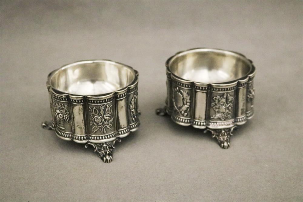 PAIR AMERICAN COIN SILVER LOBED CIRCULAR INDIVIDUAL FOOTED OPEN SALTS. mid 19th century, made by (1 of 6)