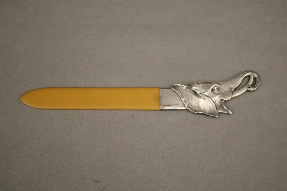 CONTINENTAL SILVER (830-FINE) AND CELLULOID LETTER OPENER WITH HANDLES CAST IN RELIEF AS ELEPHANT (1 of 5)