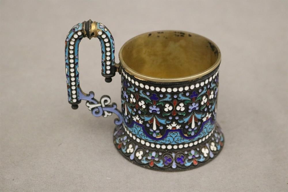 RUSSIAN VERMEIL SILVER AND MULTI-COLOR ENAMEL CYLINDRICAL CUP WITH RAISED LOOP HANDLE AND FLARING (1 of 5)