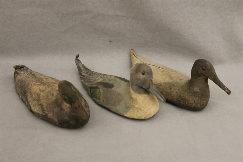THREE PAINTED CANVAS COVERED DUCK DECOYS, Ca. 1880-1890. - Longest, L: 14 in. (1 of 6)