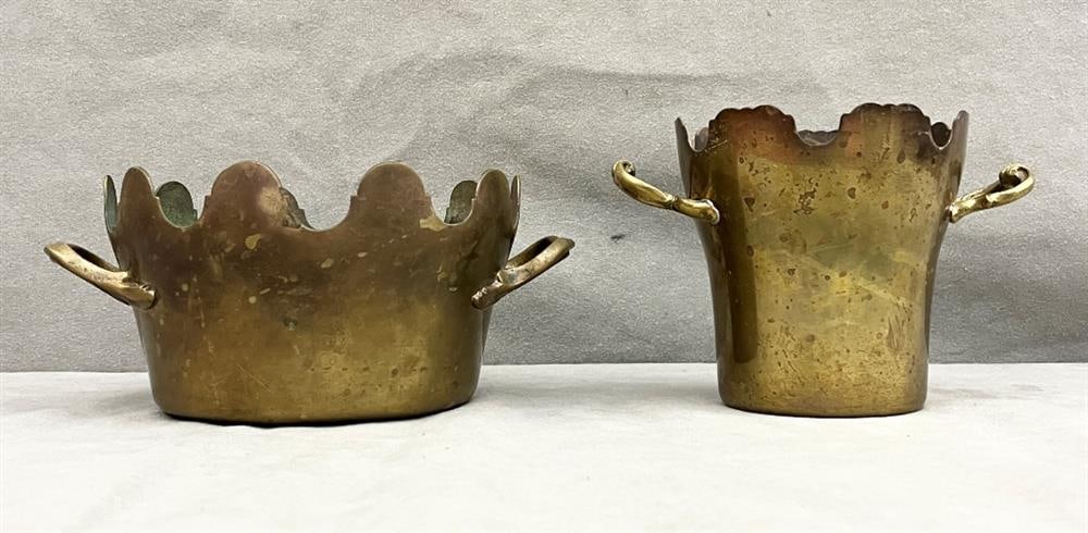 TWO ANTIQUE GRADUATED BRASS TWO-HANDLED BUCKETS WITH SCALLOPED EDGES, - Larger, D: 7 in. (1 of 5)