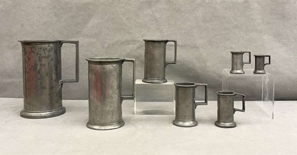 SET SEVEN FRENCH GRADUATED CYLINDRICAL PEWTER MEASURES, - Tallest, H: 7 in. (1 of 17)