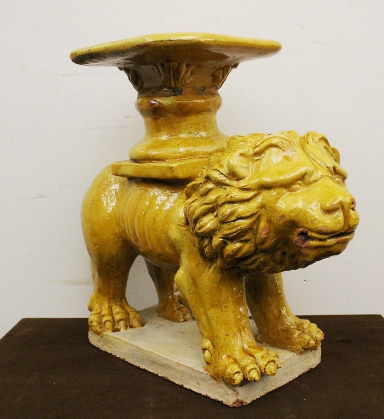 OCHRE YELLOW GLAZED CERAMIC, LION FORM GARDEN SEAT. (1 of 15)
