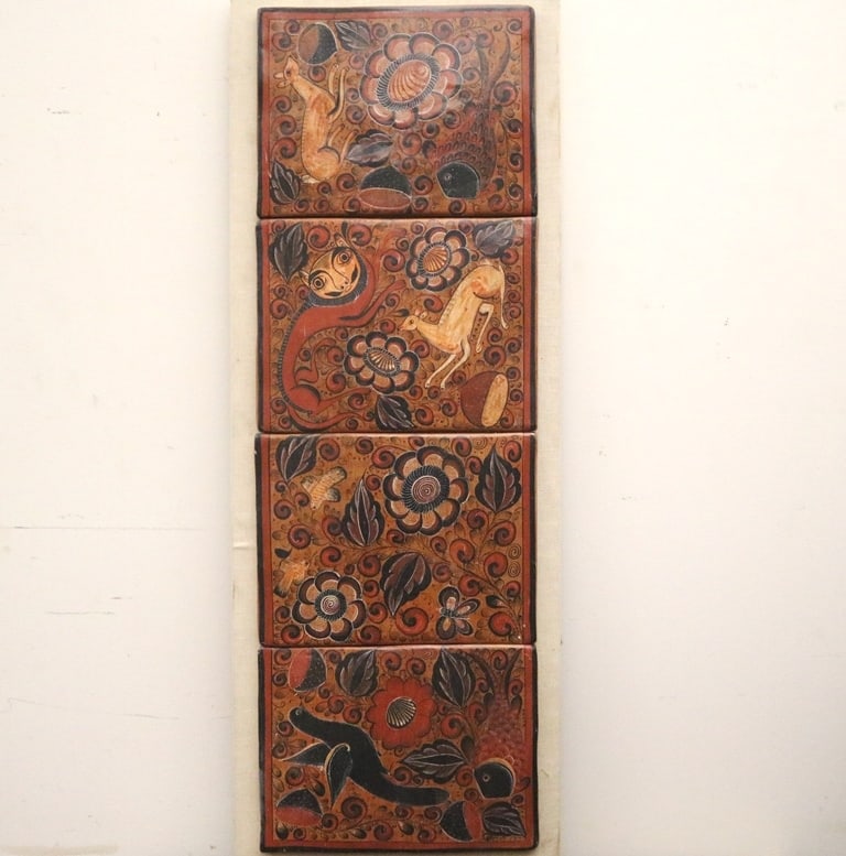 MEXICAN FOLK ART MOUNTED BARRO BRUNIDO TILES. - Each tile: 11.5 x 9 inches; base / base: 38 x 14 (1 of 15)