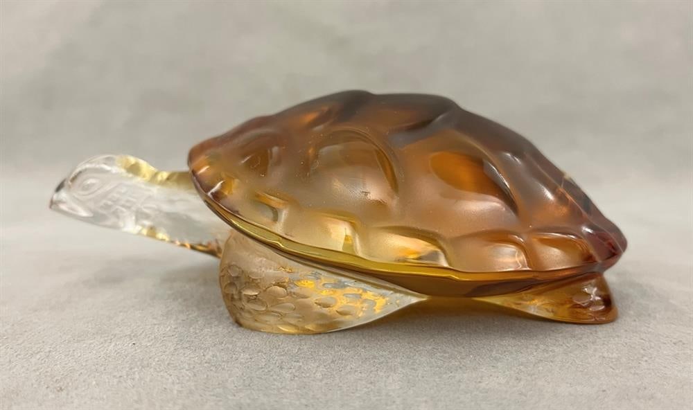 SIGNED LALIQUE AMBER-TINTED-TO-COLORLESS CRYSTAL TURTLE FIGURE. (1 of 9)
