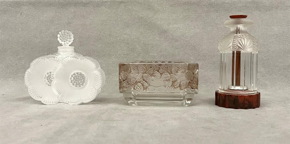 TWO SIGNED LALIQUE CUT CRYSTAL VANITY TABLE ARTICLES AND ONE OTHER, (1 of 14)