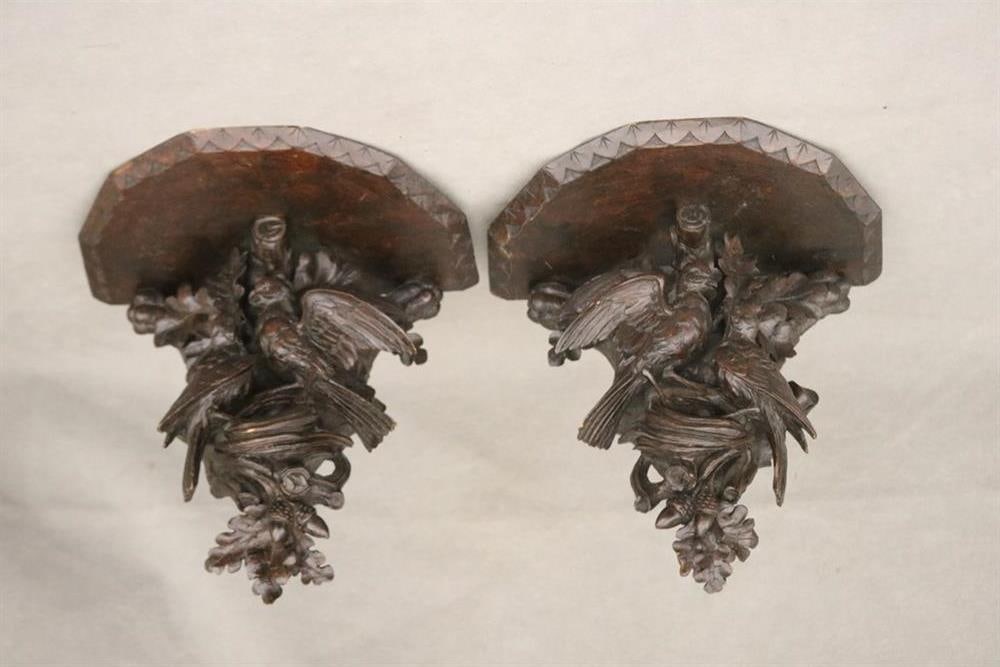 PAIR FRENCH OAK WALL SCONCES CARVED WITH PAIR LOVEBIRDS AMIDST OAK BRANCES AND ACORNS, 19th century. (1 of 5)