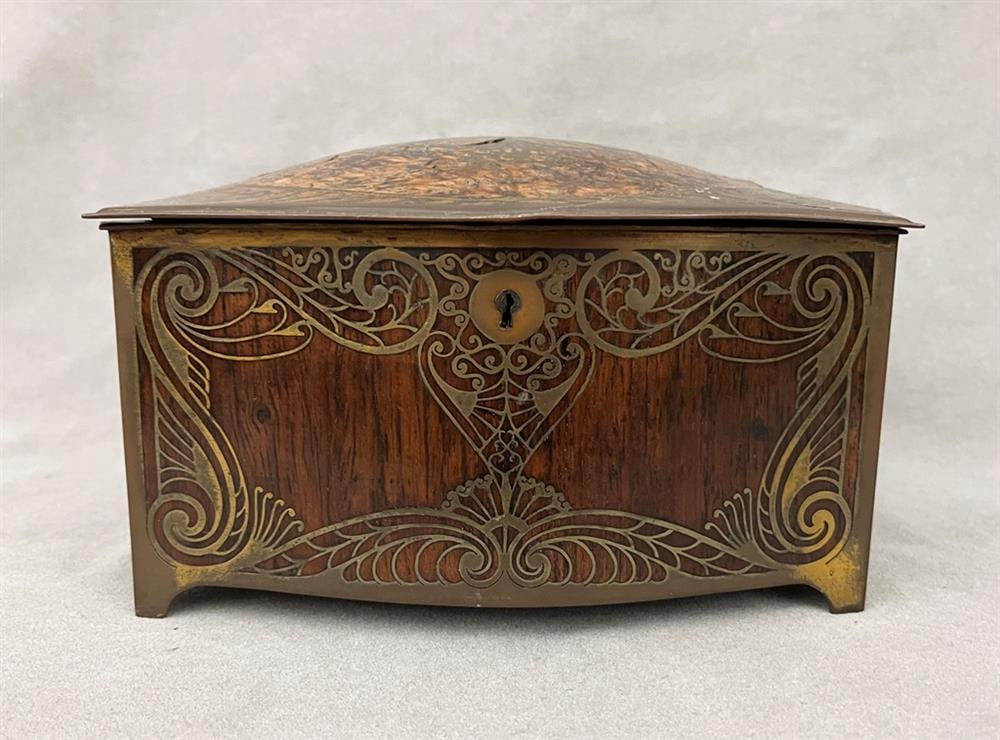 19TH CENTURY BRASS INLAID, SHAPED ROSEWOOD VELVET-LINED HINGED TOP BOX. (1 of 8)