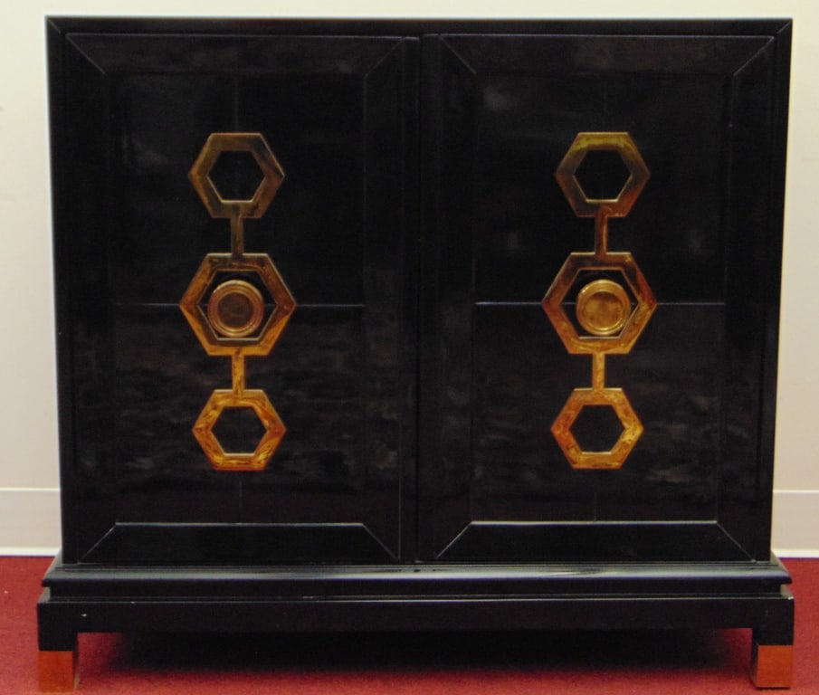 JONATHAN ADLER "TURNER" HOLLYWOOD REGENCY TWO-DOOR BLACK OAK CABINET WITH BRASS CHINOISERIE-INSPIRED (1 of 9)