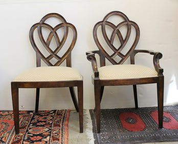 SET OF TEN DESIGNER CUSTOM-MADE BACK MAHOGANY "HEART AND DIAMOND" DINING CHAIRS, - H: 40".