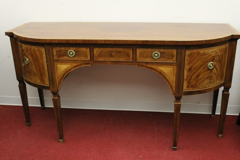 BAKER CO. HEPPLEWHITE STYLE INLAID MAHOGANY BOWFRONT SIDEBOARD. Line-and-checkered inlaid, (1 of 8)