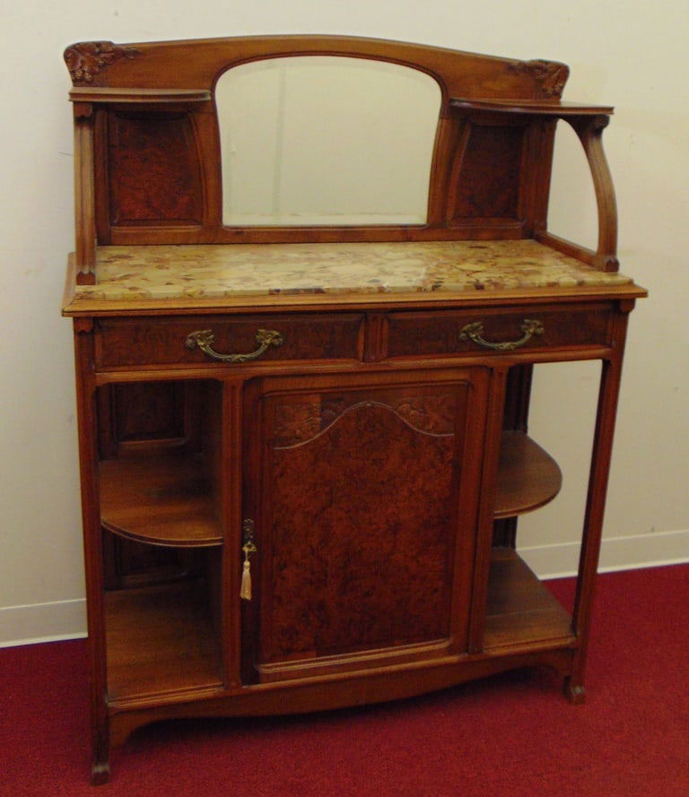 FRENCH ART NOUVEAU CARVED WALNUT AND FIGURED WALNUT, MARBLE TOP BUFFET, - H: 56 1/2 inches.; W: 45 (1 of 6)