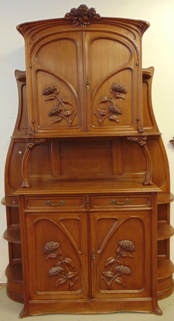 FRENCH ART NOUVEAU OAK CABINET CARVED WITH HYDRANGEAS IN HIGH-RELIEF. - H: 97 in. W: 62 in. D: 21 (1 of 10)