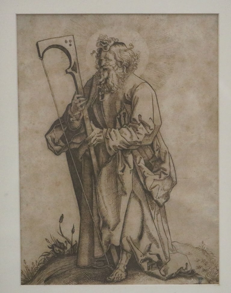 GERMAN SCHOOL (19th century or earlier). Saint James the Less, Northern European sepia drawing after: GERMAN SCHOOL (19th century or earlier). Saint James the Less, Northern European sepia drawing after the woodcut by German artist Hans Baldung Grien (1484/1485 - 1545). Framed. Not examined out of fra