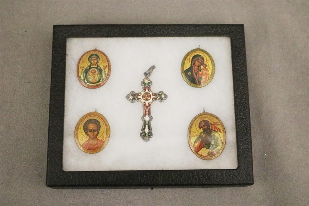 FOUR ASSORTED RUSSIAN HAND-PAINTED AND BLACK LACQUERED OVAL PENDANT ICONS, AND TWO CROSSES, (1 of 2)