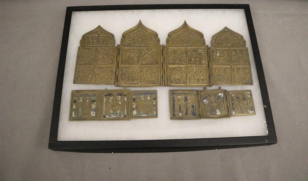 THREE ASSORTED RUSSIAN RELIEF-CAST BRASS/BRONZE TRAVELING ICON TRIPTYCHS. Depicting saints and (1 of 9)