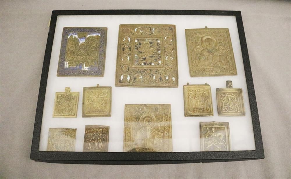 ELEVEN ASSORTED RUSSIAN-RELIEF CAST BRASS/BRONZE TRAVELING ICONS, - Largest, 5 1/2 in. x 4 3/4 in. (1 of 5)