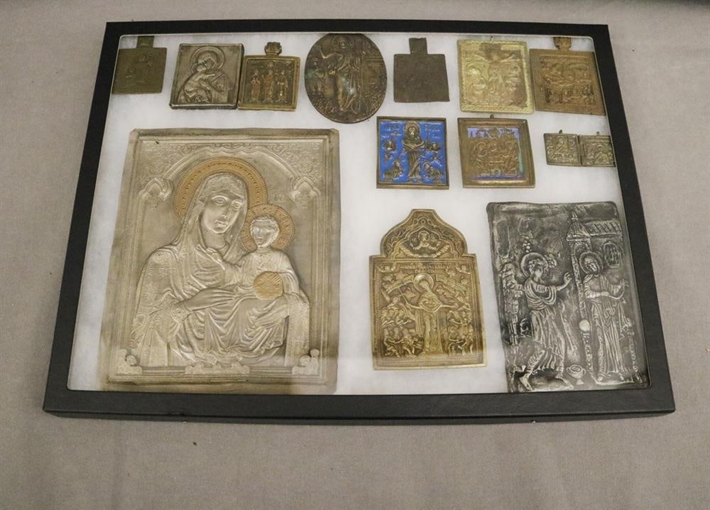 THIRTEEN ASSORTED RUSSIAN RELIEF-CAST BRASS/BRONZE TRAVELING ICONS, - Largest, 7 3/4 in. x 6 1/4 in. (1 of 11)
